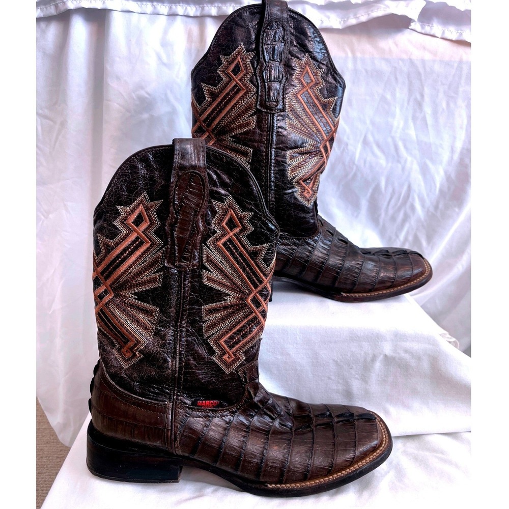 Marco Boots Mens Caiman Crocodile Leather Western Cowboy Brown Square Toe size 7